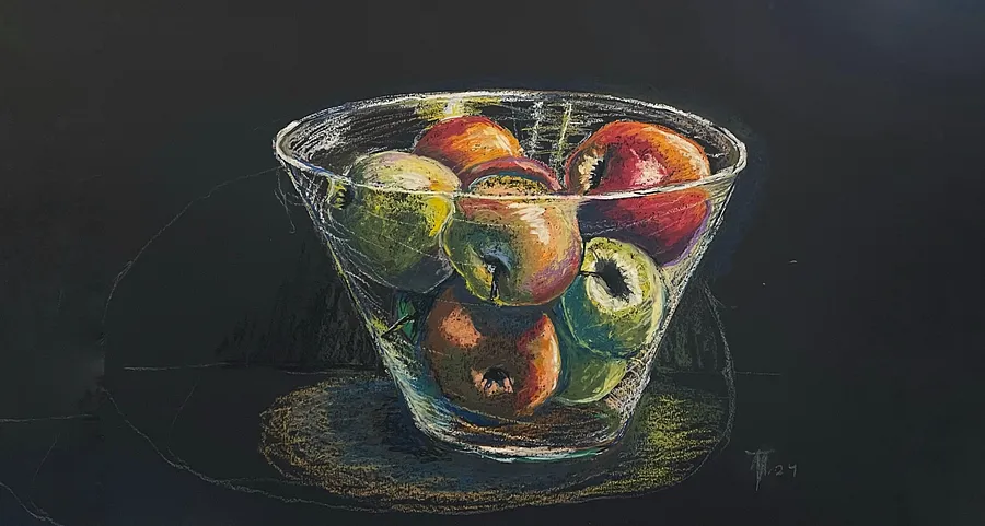 Obraz Glass apple autorstwa Pavlo Melnyk, rozmiar: 40X30 cm, wykonany z Oil pastel, paper, varnish, medium Графіка, z Chernivtsi, część serii Пастель ніжна, cena: $120 (≈ 5 404 грн)