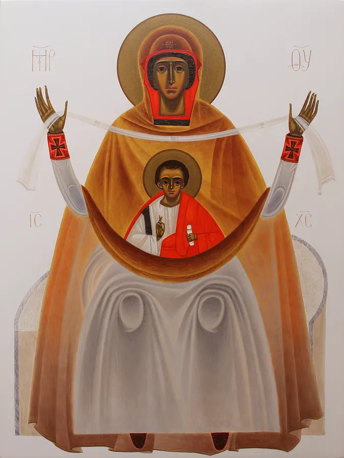 Зображення "Покрова" від Аліна Грубець, розмір: 30х40 см, матеріали: Дерево, левкас, акрил, медіум: Акрил, серія: 2024