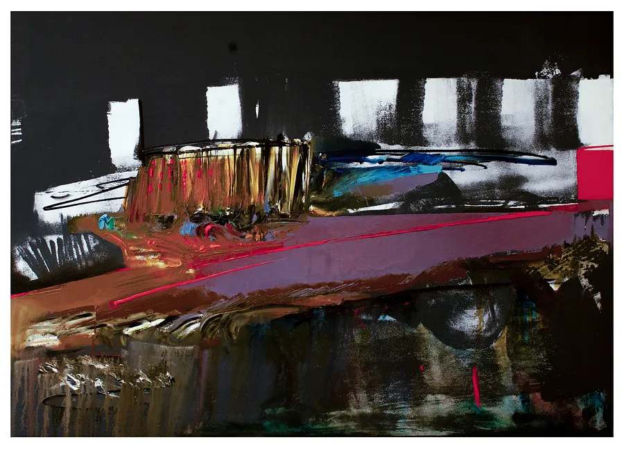 Image of червоний автобус by Євген Григорʼєв, PAINTING medium, part of the "Левітація" series, priced at €900