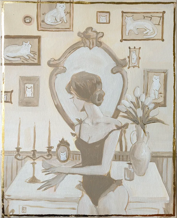 Зображення "Cat lady" від Olha Vlasova, розмір: 50x40, матеріали: Acrylic on canvas, медіум: Painting, місто: Ukraine, серія: Romanticization, ціна: €500 (≈ 25 996 грн)