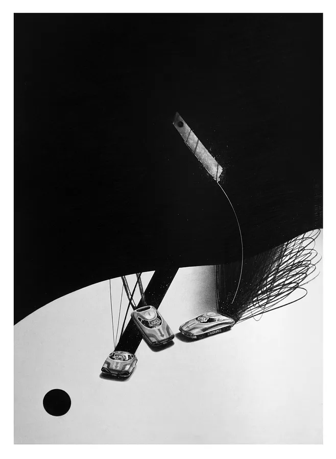 Image of Іграшкові авто та лезо для канцелярського ножа by Євген Григорʼєв, ГРАФІКА medium, part of the підмети і присудки series, priced at €500