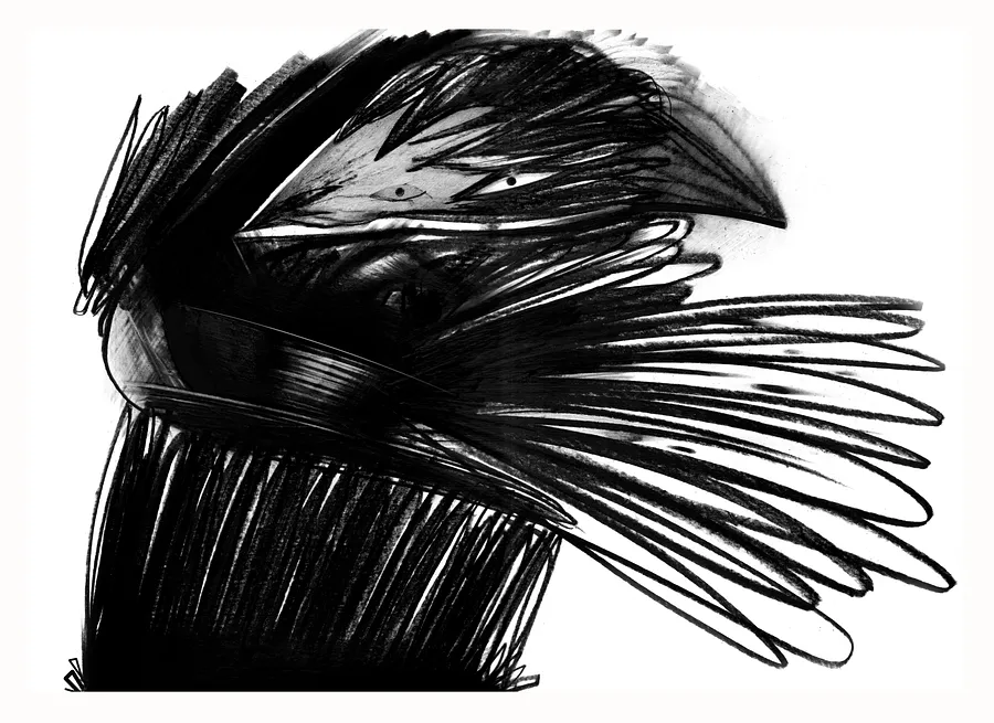 Зображення "cock-a-doodle-doo" від євген григор'єв, розмір: А3, матеріали: папір, графіт, медіум: Графіка, місто: Львів, серія: "Чорне,сіре, біле", ціна: €300