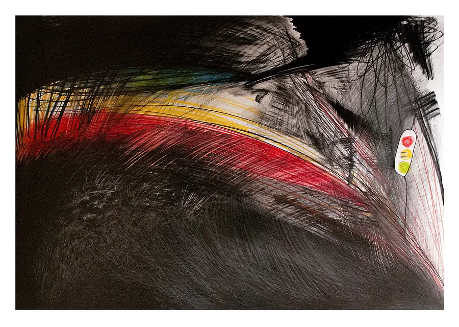 Зображення "Пейзаж зі світлофором" від євген григор'єв, матеріали: папір, графіт, кольорові олівці, медіум: Графіка, місто: Львів, серія: "Приземлення"