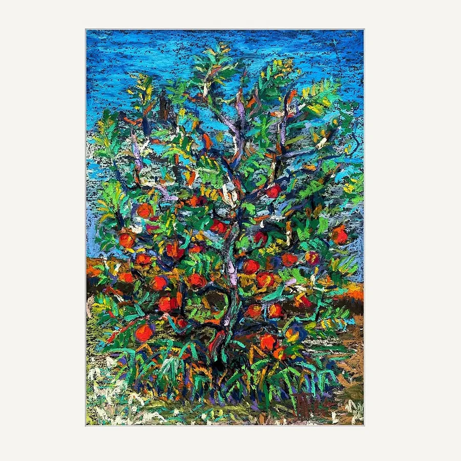 Obraz Autumn apple tree with fruits autorstwa Pavlo Melnyk, rozmiar: 30х20, wykonany z Масляна пастель, папір., z Маневичі, część serii Пастель ніжна, cena: $150 (≈ 6 755 грн)