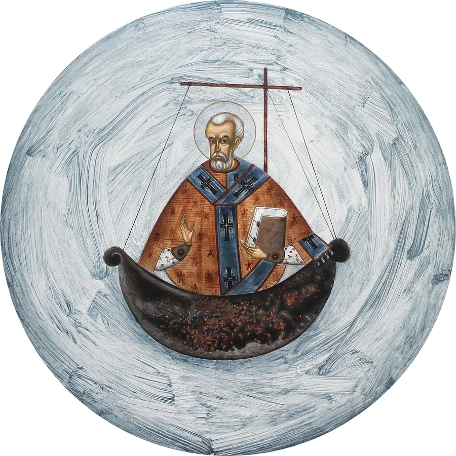 Зображення "Св. Миколай" від Аліна Грубець, розмір: Ø 30 см, матеріали: Дошка, левкас, акрил, медіум: Акрил, місто: Львів, серія: 2025, ціна: $350
