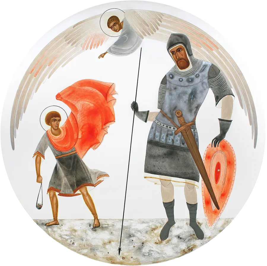 Зображення "Давид і Голіаф" від Аліна Грубець, розмір: Ø 45 см, матеріали: Фанера, левкас, акрил, медіум: Акрил, серія: 2025, ціна: $750