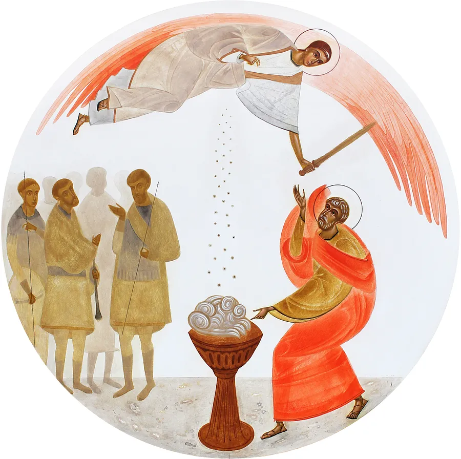 Зображення "Михаїл допомагає Гедеонові" від Аліна Грубець, розмір: Ø 45 см, матеріали: Фанера, левкас, акрил, медіум: Акрил, місто: Галерея ICONART, вул. Вірменська, 26, Львів, серія: 2025, ціна: $750