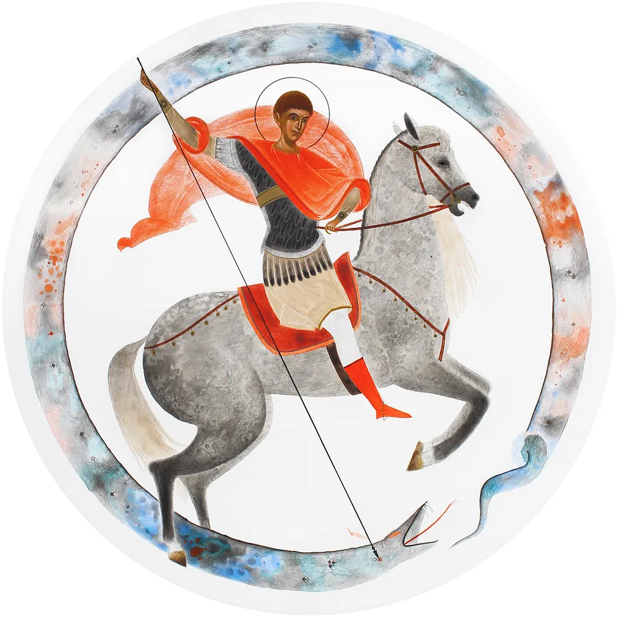 Image of Saint George the Dragon Slayer by Alina Hrubets, size: Ø 45 см, made of wooden panel, gesso, acrylic, Icons medium, from Галерея ICONART, вул. Вірменська, 26, Львів, part of the 2025 series, priced at $750 (≈ 33,750 грн)