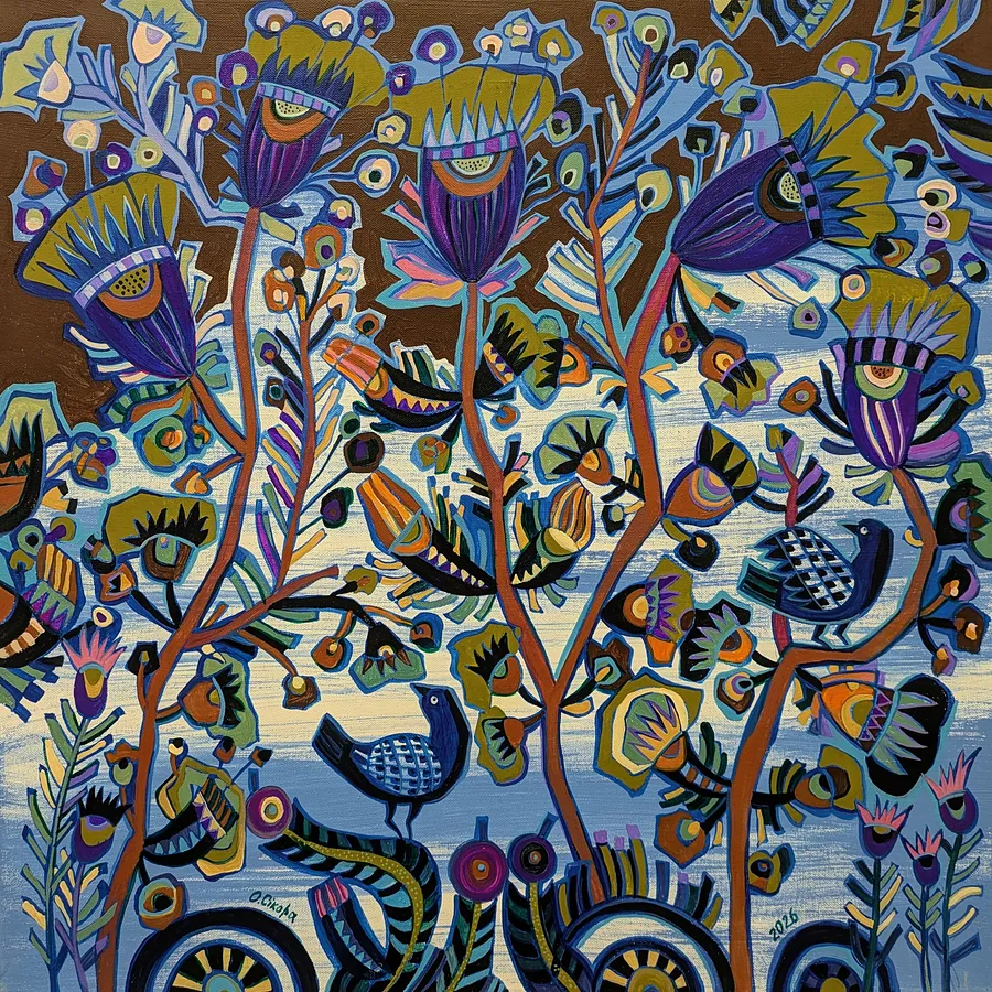 Imagen de Зимові квіти  de Olesia Sikora, tamaño: 50×50 см, hecho de полотно, акрил, de Дрогобич , parte de la serie Квіти і пташки, con un precio de ₴13000