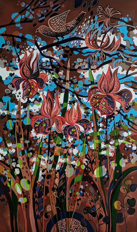 Imagen de У тіньочку  de Olesia Sikora, tamaño: 60×100, hecho de Пол.акрил, de Дрогобич , parte de la serie Квіти і пташки, con un precio de ₴27000