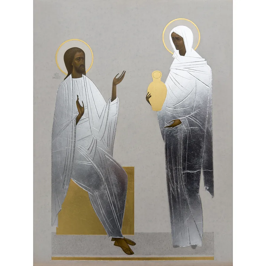 Зображення "Ісус та самарянка" від ДЕНИС ТИМЧИШИН, розмір: 40х30 см, матеріали: липова дошка, левкас, акрил, золото, медіум: ІКОНОПИС, місто: Львів, ціна: $1500