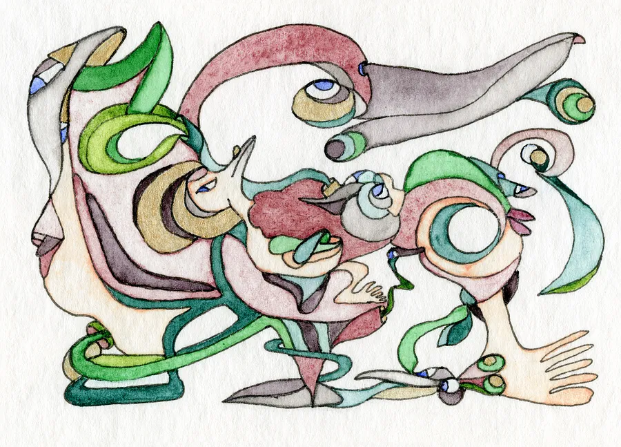 Image of The Council of the Self by Anna Samoilovych, size: 6.4х8.9 cm, made of paper, liner, watercolor, Graphics medium, from Amsterdam, part of the Mysterious Entanglements series, priced at €70
