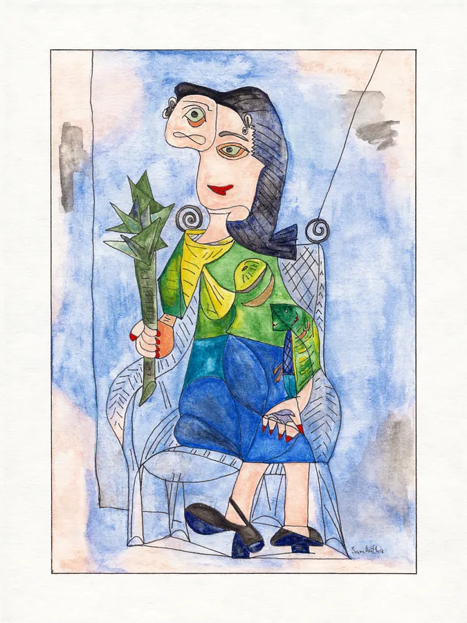 Obraz За мотивами Pablo Picasso (Жінка з Артишоком), Homage autorstwa Anna Samojłowicz, rozmiar: 24х18 cm, wykonany z Папір, лайнер, акварель, medium Grafika, z Київ, część serii 18*24, cena: €250 (≈ 12 883 грн)