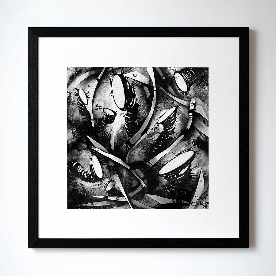 Obraz Маневр | Dodge autorstwa Ołeksandr Makohon, rozmiar: 42 x 42 cm, wykonany z туш, бавовняний папір | ink, cotton paper, medium Grafika, cena: $230 (≈ 10 396 грн)