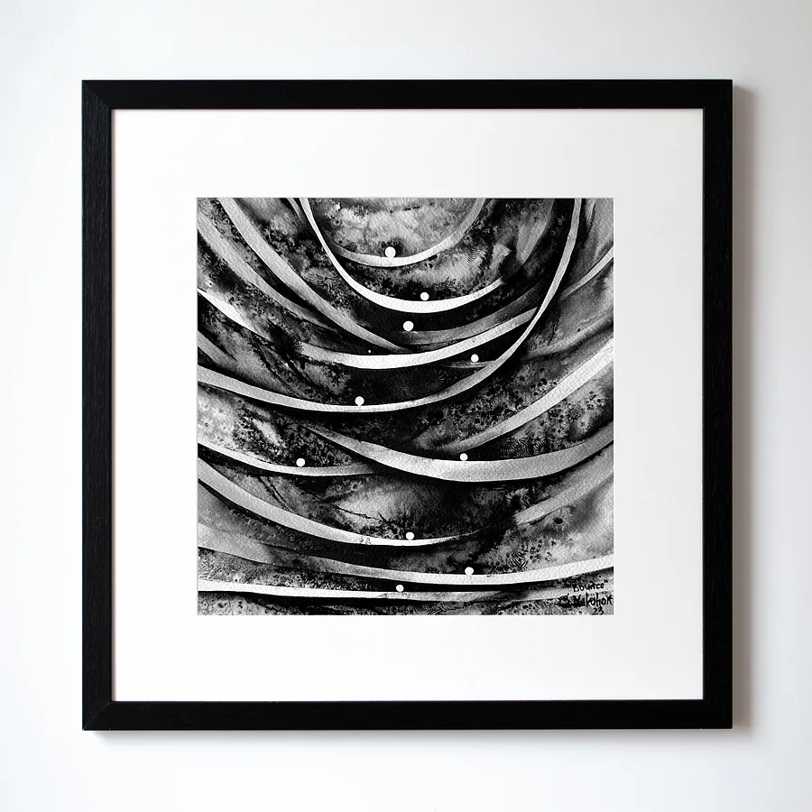 Obraz Стрибок | Bounce autorstwa Ołeksandr Makohon, rozmiar: 42 x 42 cm, wykonany z туш, бавовняний папір | ink, cotton paper, medium Grafika, cena: $230 (≈ 10 358 грн)
