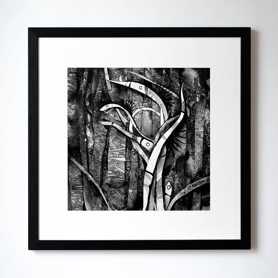 Obraz Зростання | Rise autorstwa Ołeksandr Makohon, rozmiar: 42 x 42 cm, wykonany z туш, бавовняний папір | ink, cotton paper, medium Grafika, cena: $230 (≈ 10 358 грн)