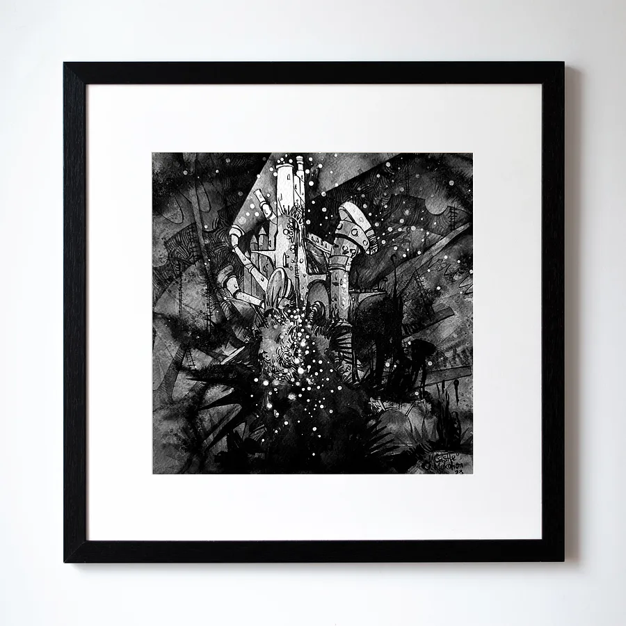Image de Замок | Castle par Alexandre Makogon, taille : 42 x 42 cm, fabriqué avec туш, бавовняний папір | ink, cotton paper, médium Graphique, au prix de $230 (≈ 10 358 грн)