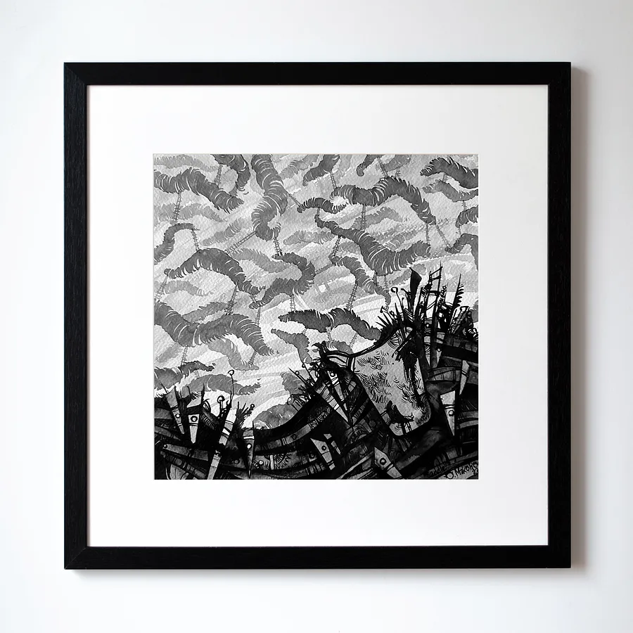 Obraz Осідлати | Saddle autorstwa Ołeksandr Makohon, rozmiar: 42 x 42 cm, wykonany z туш, бавовняний папір | ink, cotton paper, medium Grafika, cena: $230 (≈ 10 396 грн)
