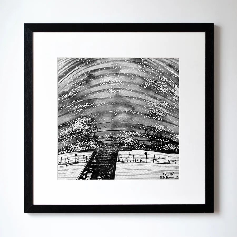 Obraz Пухкий | Plump autorstwa Ołeksandr Makohon, rozmiar: 42 x 42 cm, wykonany z туш, бавовняний папір | ink, cotton paper, medium Grafika, cena: $230 (≈ 10 357 грн)