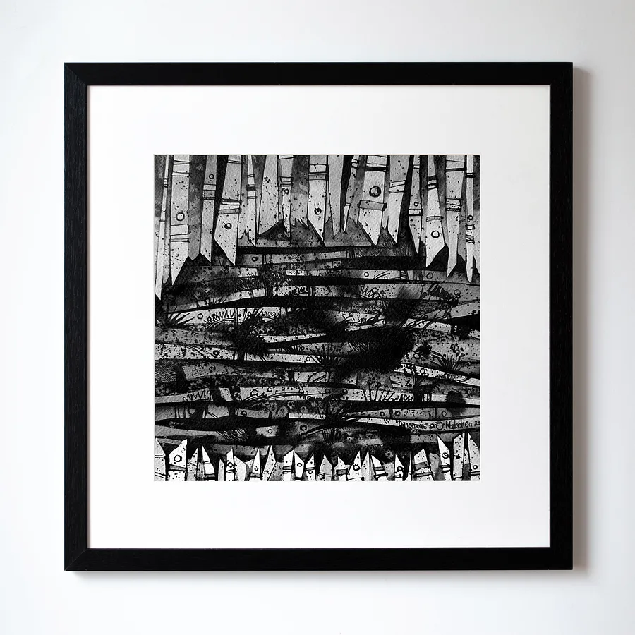Imagen de Небезпечний | Dangerous  de Oleksandr Makohon, tamaño: 42 x 42 cm, hecho de туш, бавовняний папір | ink, cotton paper, medio Obra gráfica, con un precio de $230 (≈ 10,358 грн)