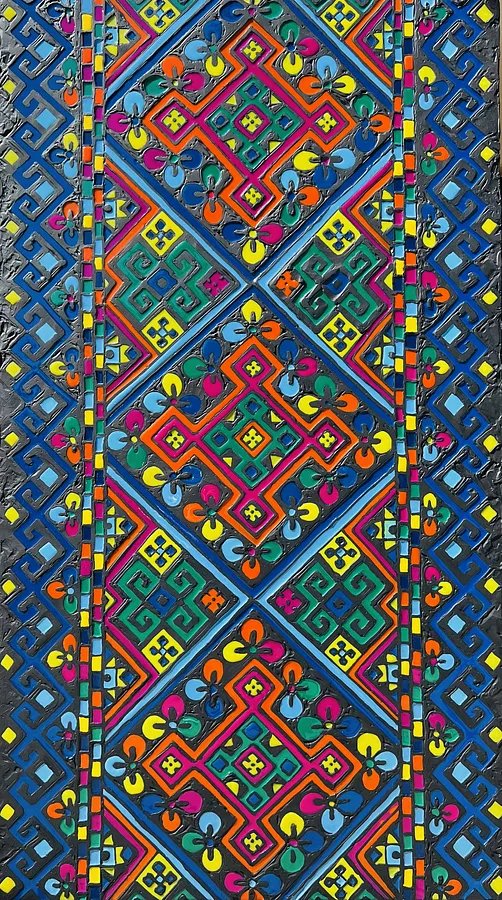 Imagen de Файні гени de Катерина Зубік, tamaño: 80x160 см, hecho de Мдф, текстурна паста, епоксидна смола, акрил, поталь, medio Мішана техніка, de Львів, Україна , parte de la serie Файні гени вишиванка