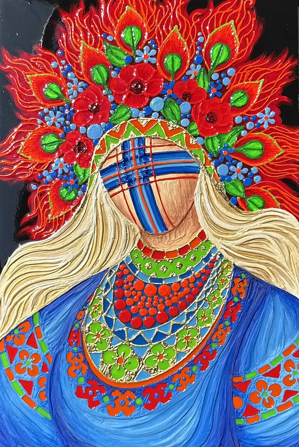 Imagen de Цвіт вогню  de Катерина Зубік, tamaño: 40х60 см , hecho de Мдф, текстурна паста, епоксидна смола, акрил, поталь, medio Мішана техніка, de Україна, Львів, parte de la serie Мотанка