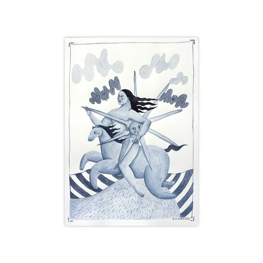 Imagen de Woman with the sun de Diana Ruban , tamaño: 41,7 x 28,7 cm, hecho de Paper, watercolor, medio Graphics, de Ukraine, parte de la serie Linocut, graphics, con un precio de $250