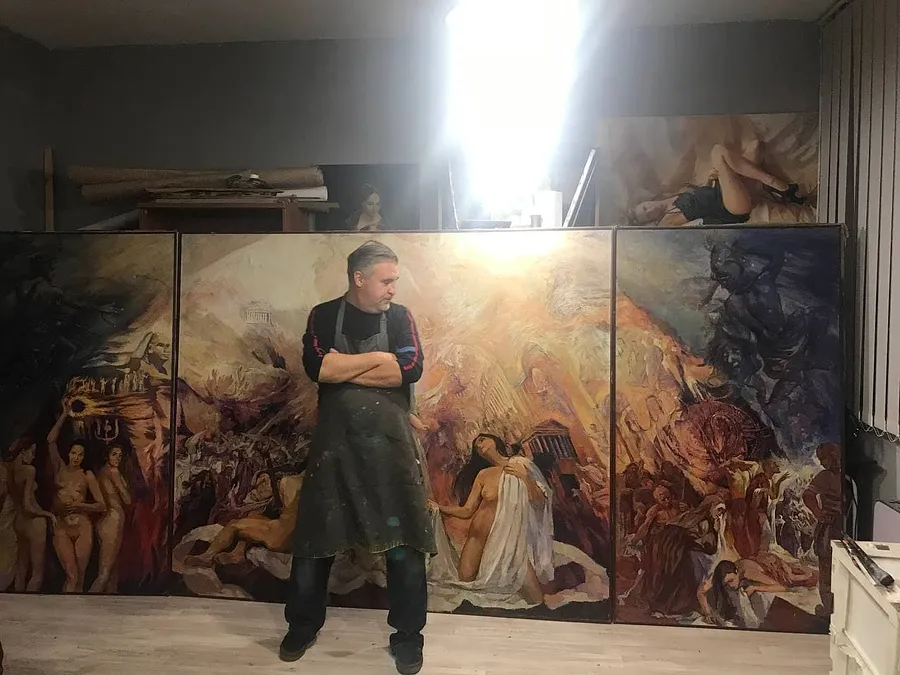 Obraz Робота над триптихом " Мадонна у славі та спокута Магдалени" autorstwa Bogdan Burak, wykonany z  Полотно. Олія, medium Живопис, z Київ, Прирічна 13, Студія вільної творчості, część serii Триптих, cena: ₴20000