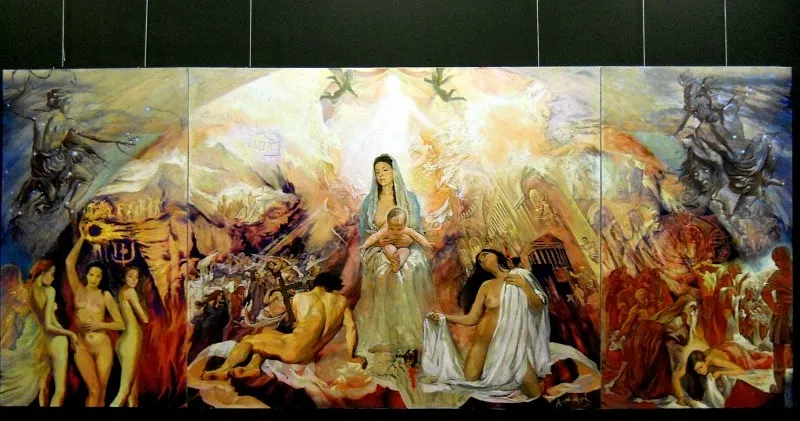 Obraz Триптих "Мадонна у славі та спокута Магдалени" 2009 autorstwa Bogdan Burak, rozmiar: 180х410, wykonany z  Полотно. Олія, medium Живопис, z Київ, Прирічна 13 ,Студія вільної творчості, część serii Триптих, cena: €20000 (≈ 1 030 610 грн)
