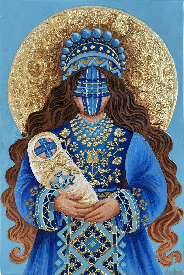 Image de Оберіг життя  par Катерина Зубік, taille : 40х60см, fabriqué avec Мдф, текстурна паста, епоксидна смола, акрил, поталь, médium Мішана техніка, de Україна, Львів, faisant partie de la série Мотанка, au prix de $350 (≈ 15 761 грн)