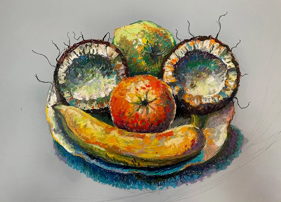 Imagen de «Fruit smile» de Pavlo Melnyk, tamaño: 40X30 cm, hecho de Масляна пастель, папір, лак, medio Графіка, de Manevychi, parte de la serie Пастель ніжна, con un precio de $100 (≈ 4,503 грн)