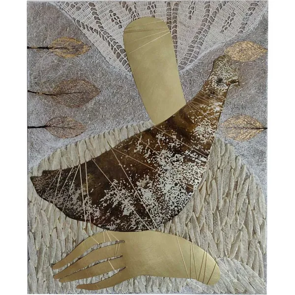 Image of "Coziness" by Tkachuk Yaroslava, size: 55x45 cm, made of linen, silk, ribbon, acrylic, oxidized German silver, brass., Textile Art medium