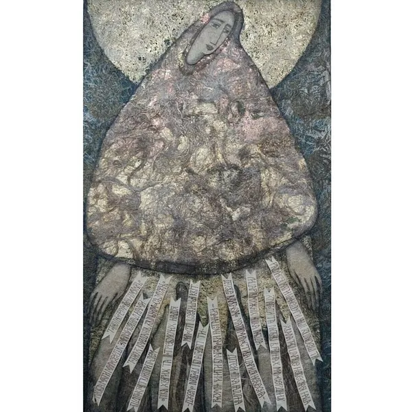 Imagen de «Марія Мати Милосердя» de Ткачук Ярослава , tamaño: 115x70 cm, hecho de льон, кераміка, акрил, medio Авторська техніка, con un precio de $450