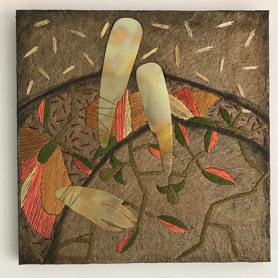 Image of Nearby by Tkachuk Yaroslava, size: 30 х 30 см, made of cotton, flax fiber, acrylic, brass, author's technique  medium, priced at $250