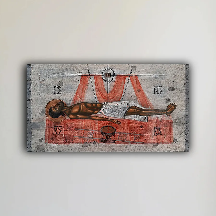 Image of Цар Слави by Alina Hrubets, size: 20x30см, made of board/gesso/acrylic, Icons medium, from Lviv, part of the Метаморфоза артефактів війни series, priced at $300