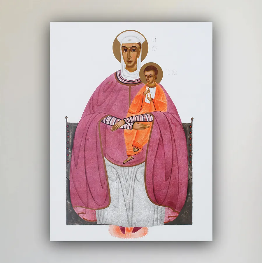 Image of Enthroned Mother of God with Child by Alina Hrubets, size: 30х40 cm, made of wooden panel, gesso, acrylic, Icons medium, from Український Католицький Університет, part of the 2025 series