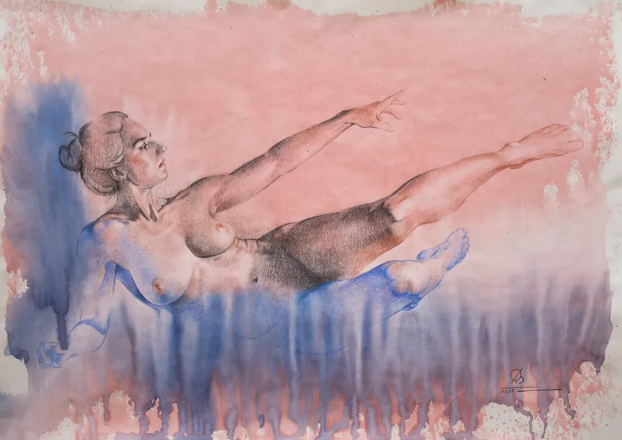 Obraz "The border where thought becomes body" autorstwa Oleksandr Baklai, rozmiar: 50х70cm, wykonany z paper, watercolor, charcoal, medium Drawing, część serii "Works"