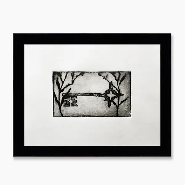 Image of the lost key by Elisa Hymera Nechai, size: 17,5x23,5cm, drypoint medium, from Kyiv, part of the key series, priced at €70