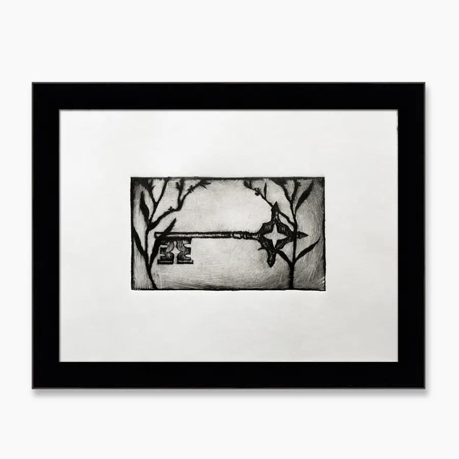 Image of the lost key by Elisa Hymera Nechai, size: 17,5x23,5cm, drypoint medium, from Kyiv, part of the key series, priced at €70