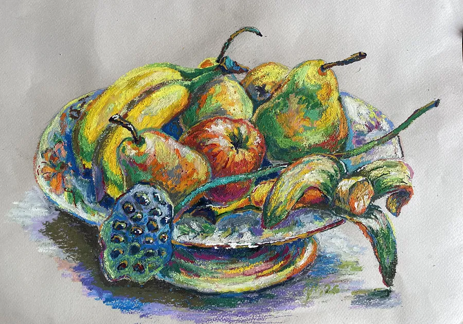 Imagen de  “Fruit plate”  Oil pastel, paper. 40x30см, 2026  de Pavlo Melnyk, tamaño: 40X30 cm, hecho de Масляна пастель, папір, лак, medio Графіка, de Manevychi, con un precio de $150 (≈ 6,780 грн)