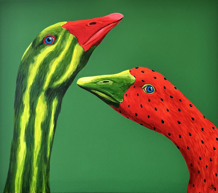 Imagen de Watermelon geese de Ivanka Nechyporyk, tamaño: 70x80 cm, hecho de Acrylic on canvas, medio Pintura, de Kyiv , con un precio de $1100