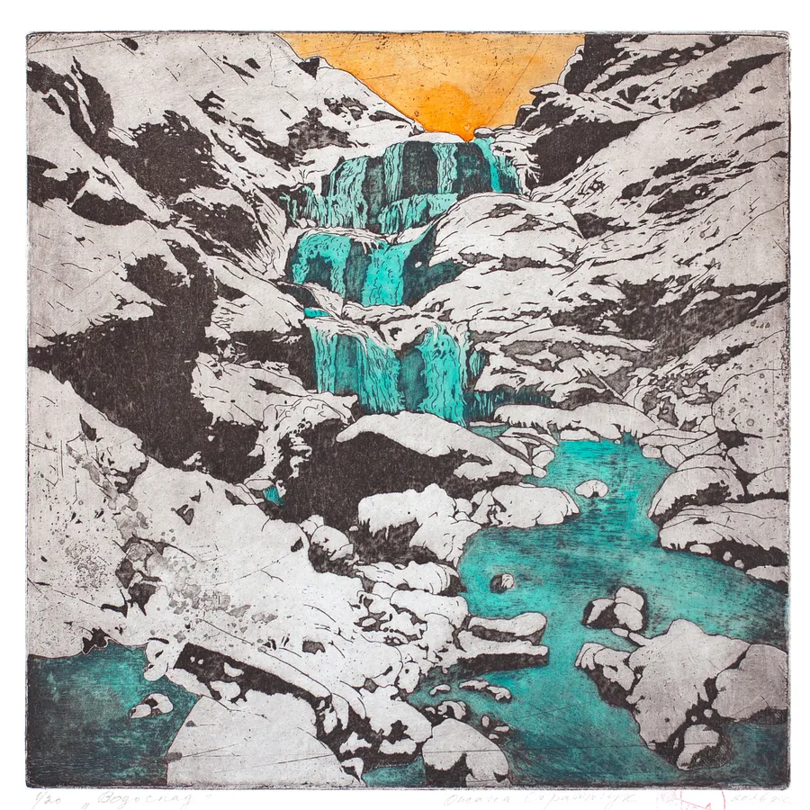Image of Waterfall by Stratiychuk Oksana, size: 33 х 33 см, made of etching, watercolor, Graphics medium, priced at $300