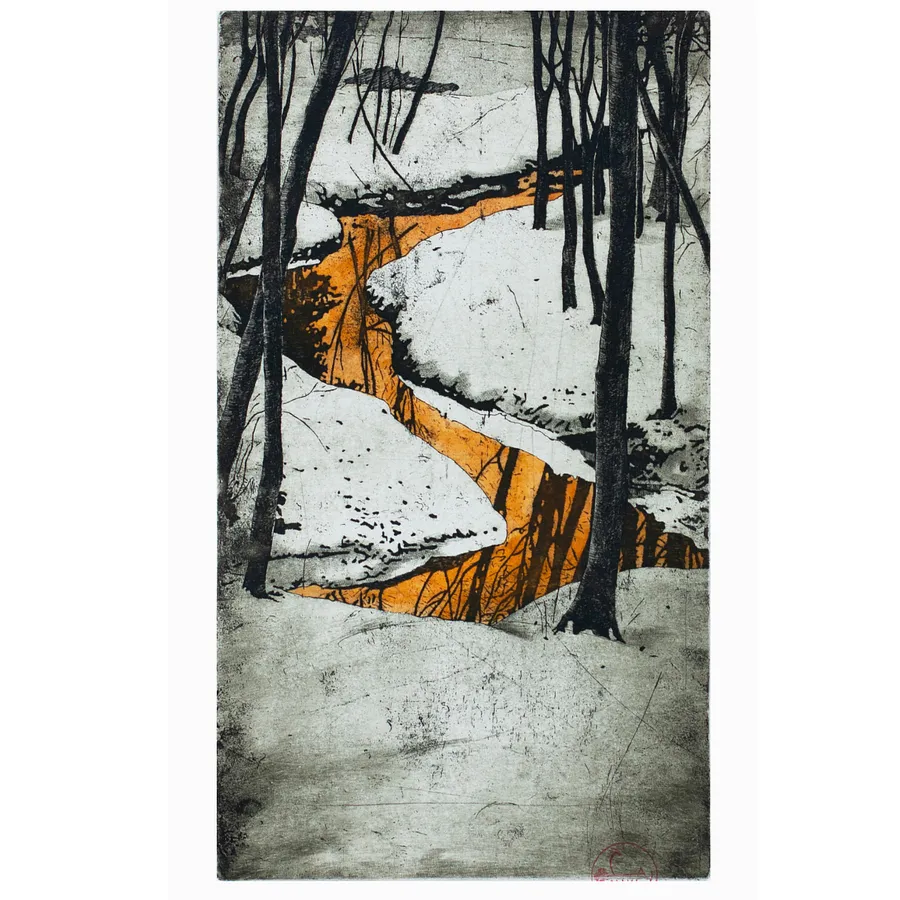 Image of golden river by Stratiychuk Oksana, size: 40 х 22 см, made of etching, watercolour, Graphics medium, priced at $300