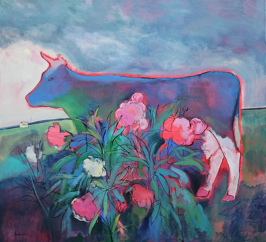 Imagen de Neon Bovine and Peony Bush de Artem Andreichuk, tamaño: 130 × 120 cm, hecho de Canvas, medio Painting, con un precio de $4020