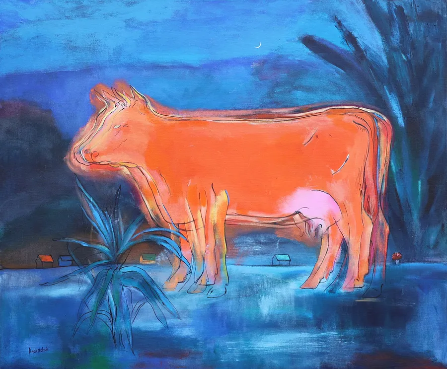 Immagine di The Orange Ghost Cow di Artem Andreichuk, dimensioni: 120 × 100 cm, materiali: Canvas, medium: Painting, prezzo: $2870