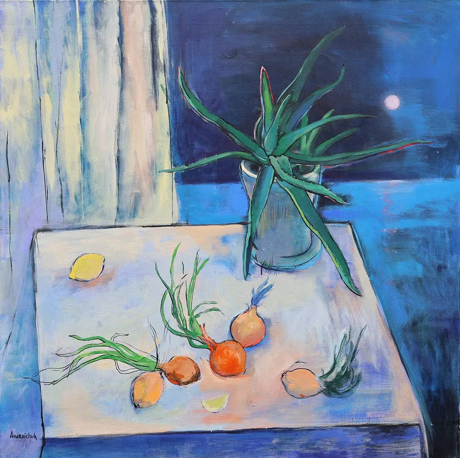 Immagine di Aloe Vera and Moon di Artem Andreichuk, dimensioni: 100 × 100 cm, materiali: Canvas, medium: Painting, prezzo: $1689