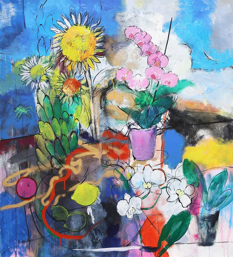 Imagen de Sunflowers. Orchids. Fruits de Artem Andreichuk, tamaño: 100 × 110 cm, hecho de Canvas, medio Painting, con un precio de $4256