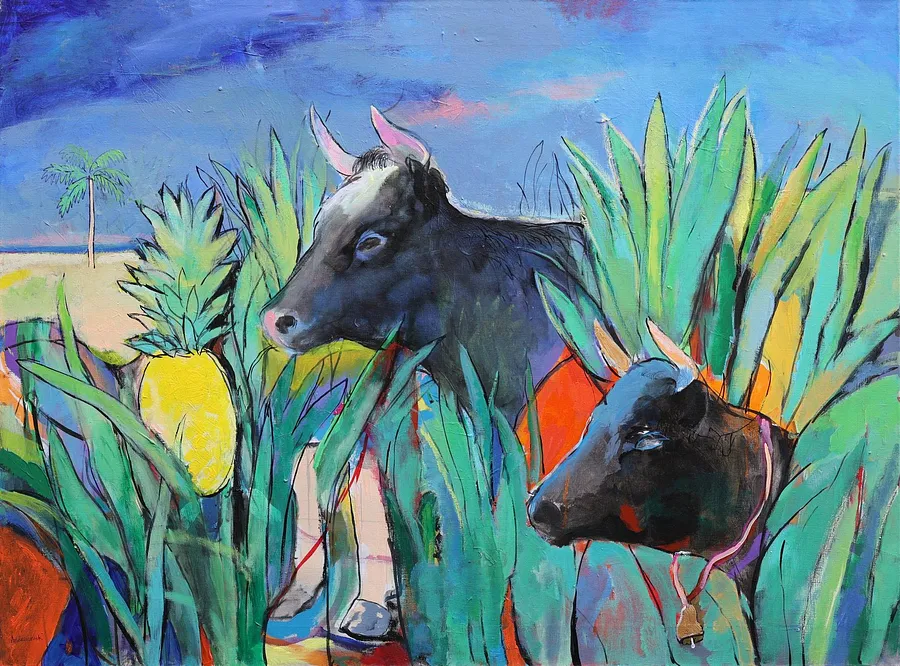 Imagen de Cows looking for pineapples de Artem Andreichuk, tamaño: 115 × 85 cm, hecho de Canvas, medio Painting, con un precio de $2880