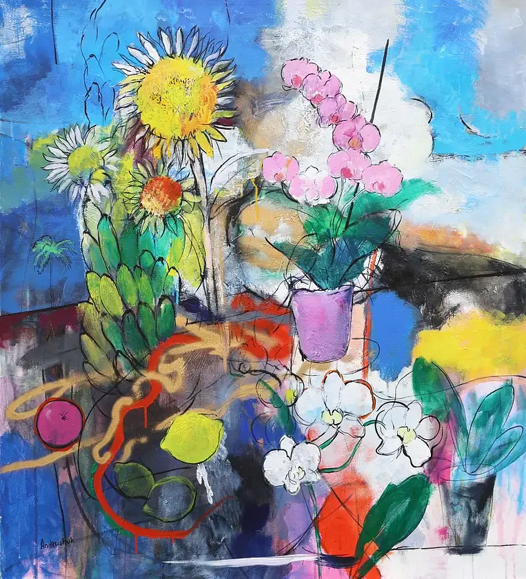 Imagen de Sunflowers, Orchids and Fruits - Subjektiv.art de Artem Andreichuk, hecho de oil on canvas, medio Painting