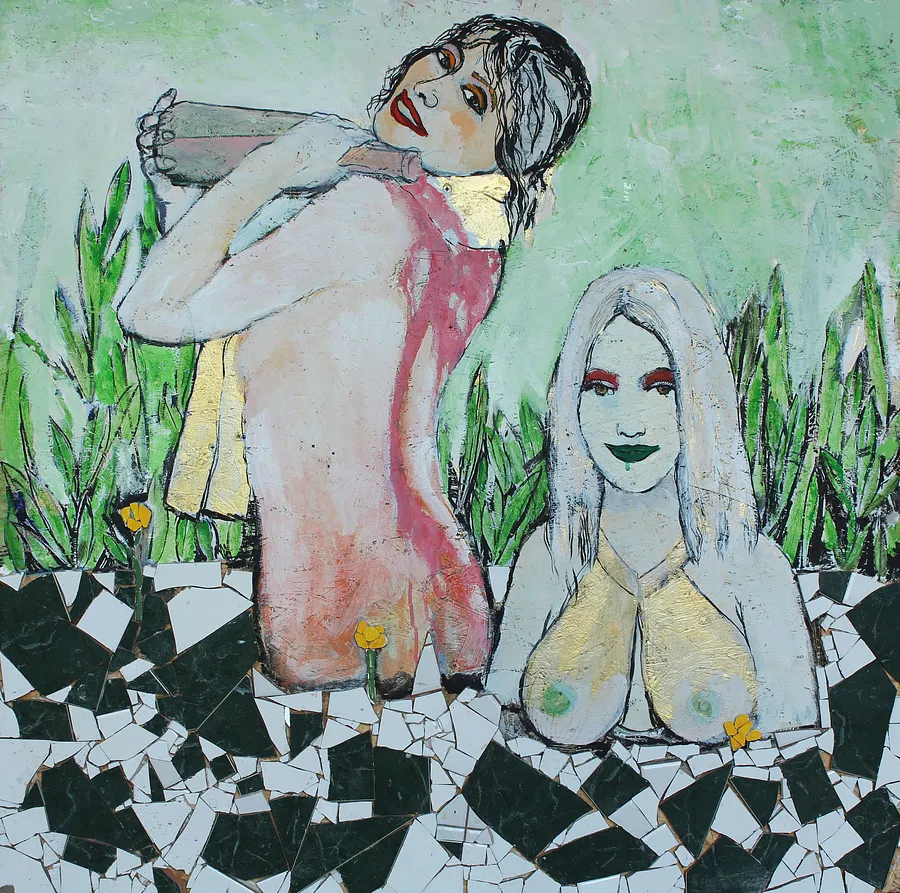 Imagen de Two nymphs  de Artem Andreichuk, tamaño: 100 × 100 cm, hecho de mosaic, paint, gold leaf, medio Painting